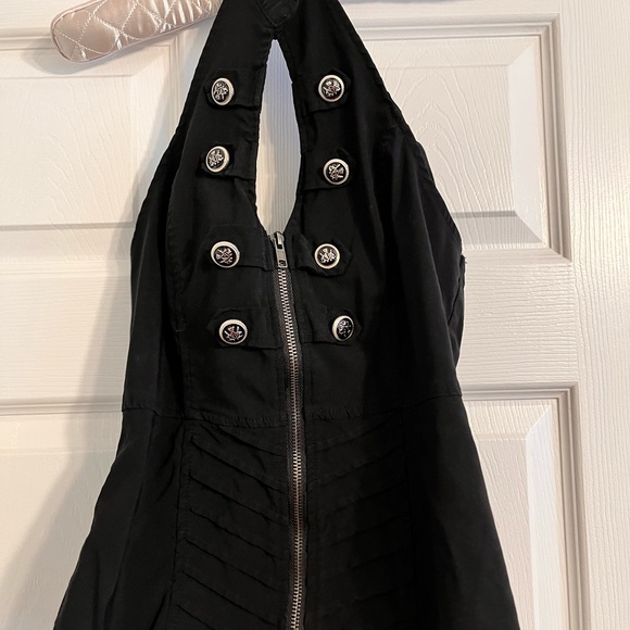 Black zip front backless halter top. military button details. Stretch fabric. - Picture 12 of 16